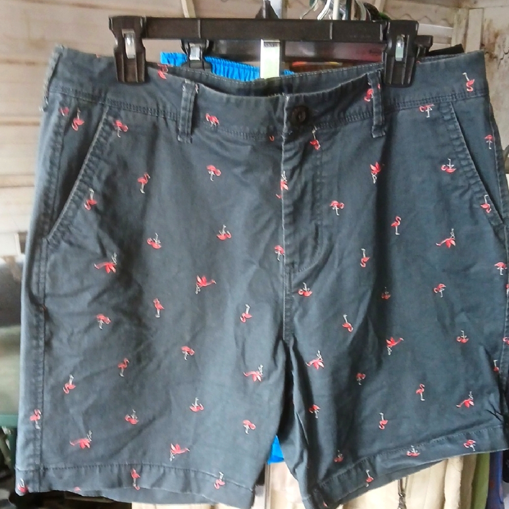 Faded Navy Shorts with Red Flamingo Print